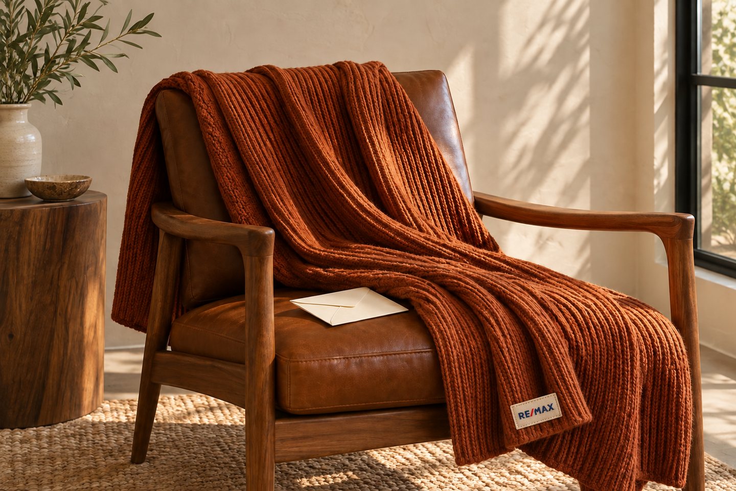 Rust knit throw with a small branded woven label, draped over a walnut chair beside a cream envelope.