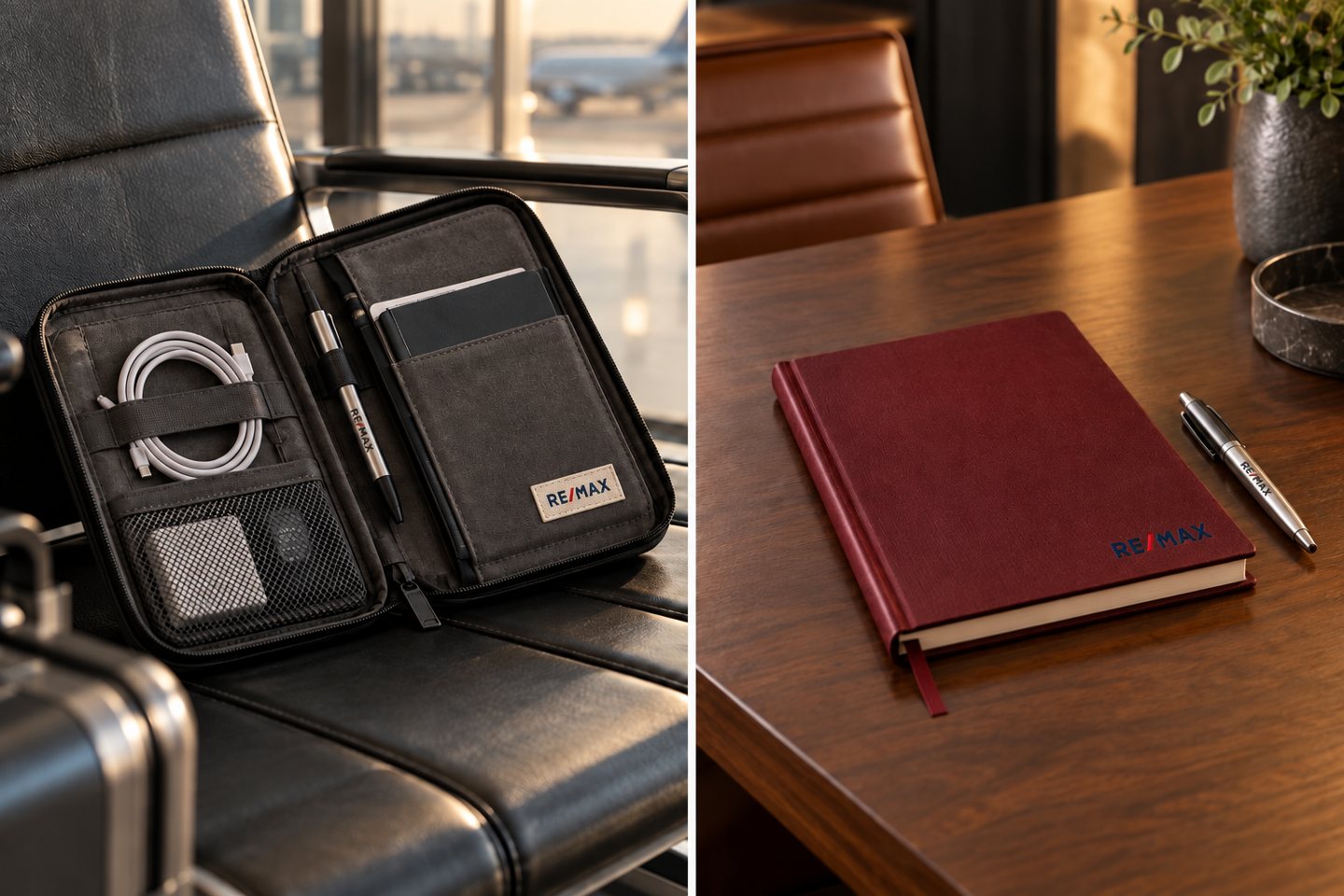 Two-photo collage of a branded travel organizer and burgundy journal in everyday settings.
