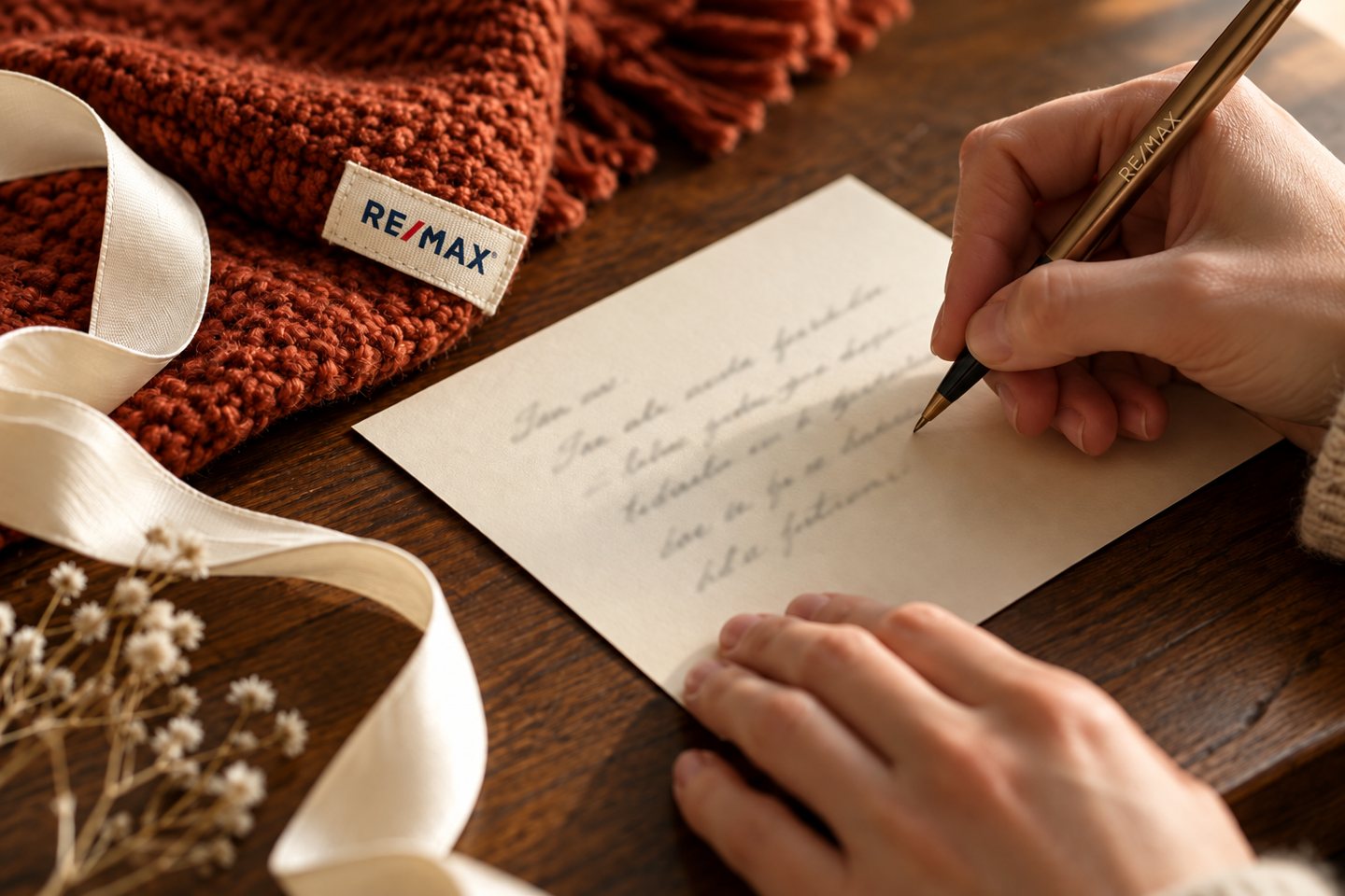 Hands writing a personal note beside a knit throw with a small branded label.