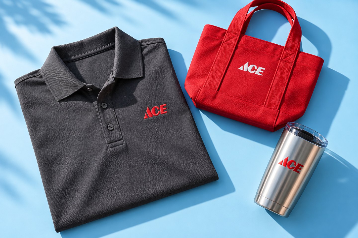 A charcoal staff polo, red tote, and stainless travel mug with coordinated branding on a bright blue surface.