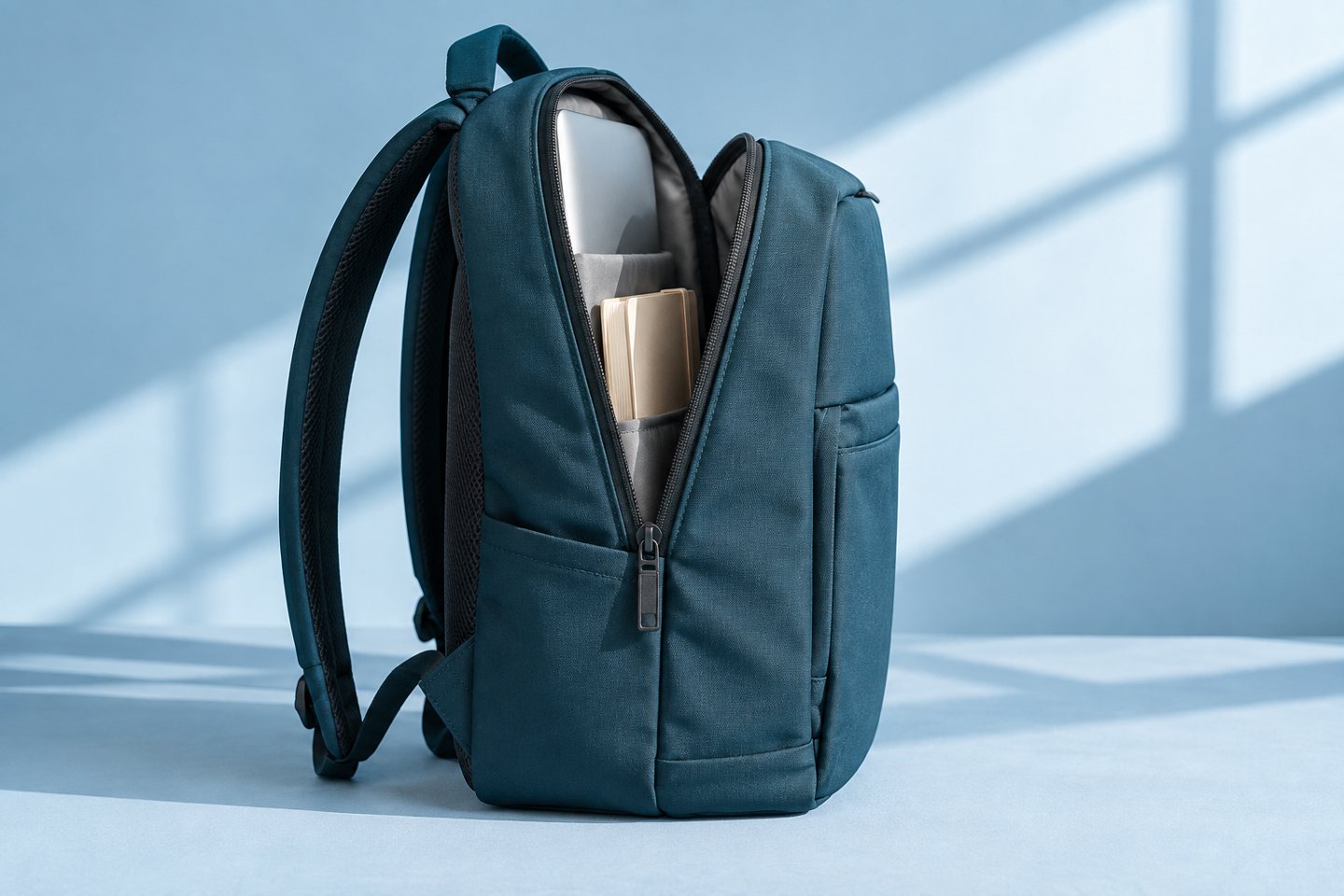 A teal backpack showing its interior construction and notebook compartment.