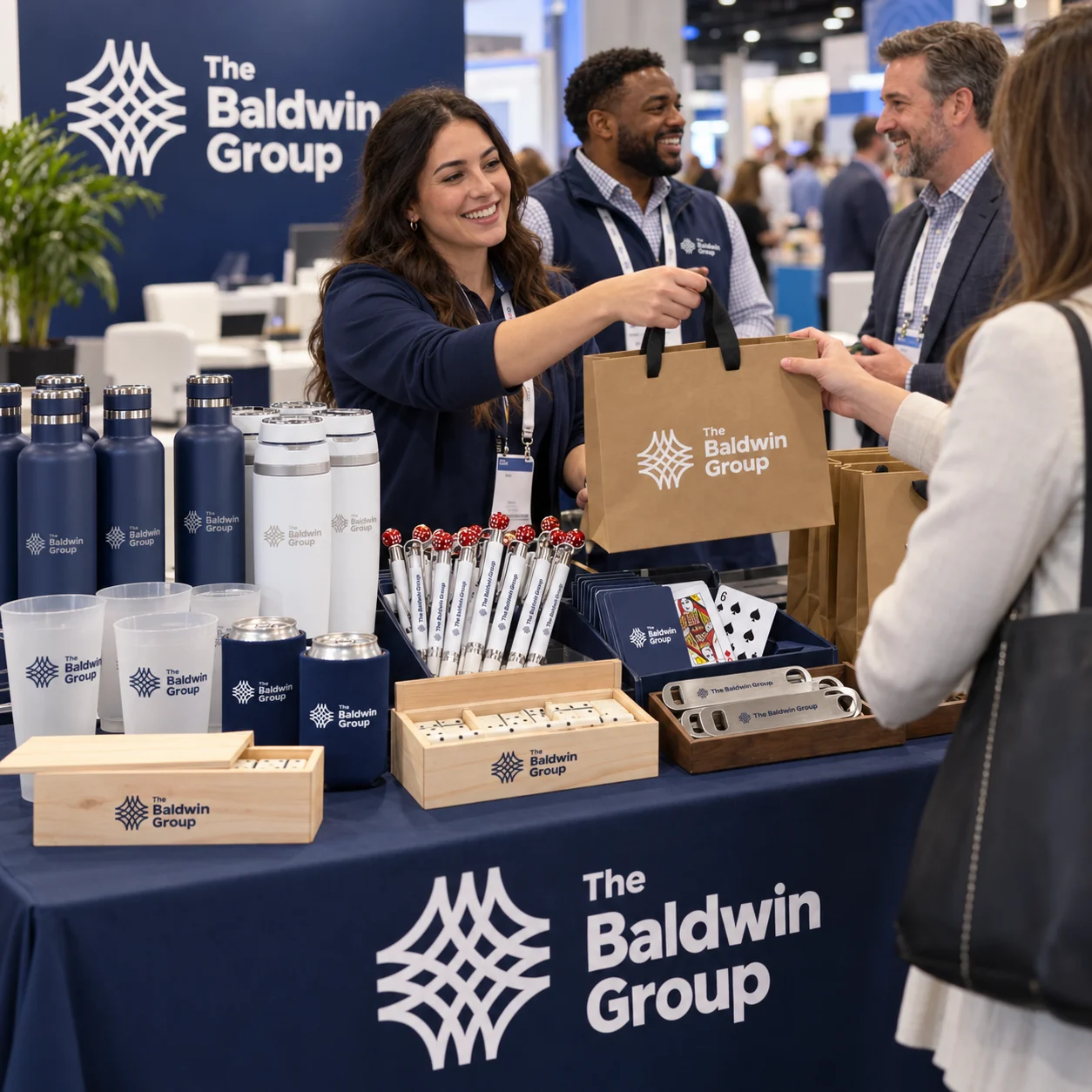 The Baldwin Group trade show giveaway table with branded drinkware, can coolers, bottle openers, game sets, pens, playing cards and kraft gift bags